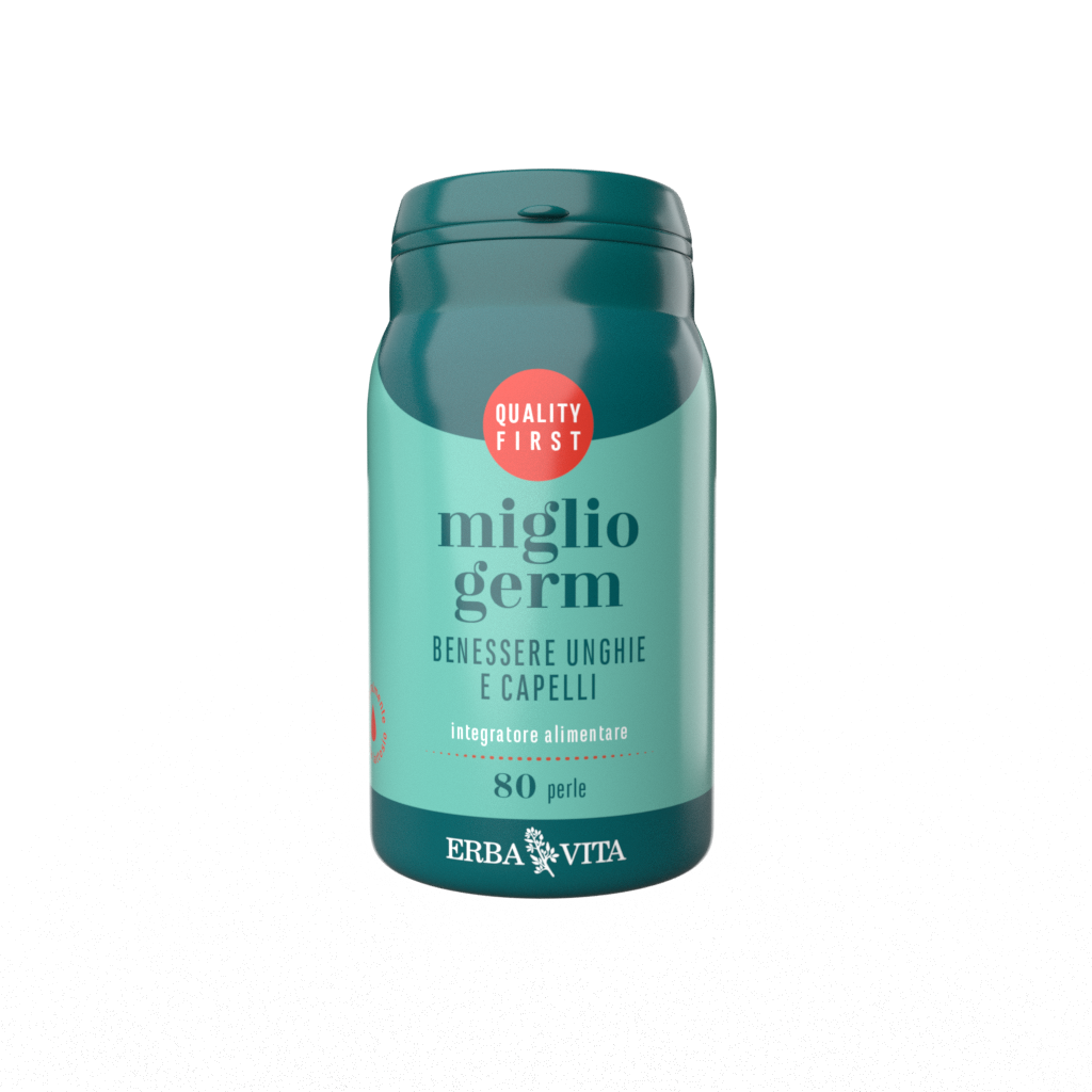 integratore alimentare in perle a base di miglio e olio di germe di grano per le unghie e i capelli